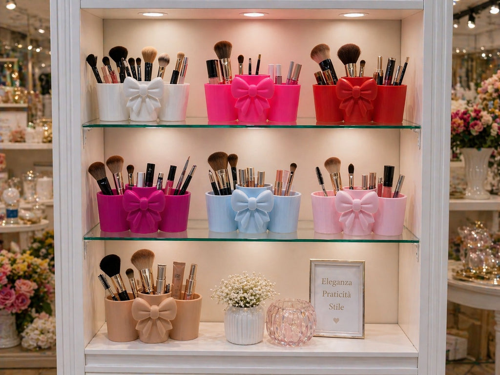 Glamora – Porta Pennelli Beauty Deluxe con Fiocco | Organizer Trucco 3 Scomparti Elegante da Tavolo