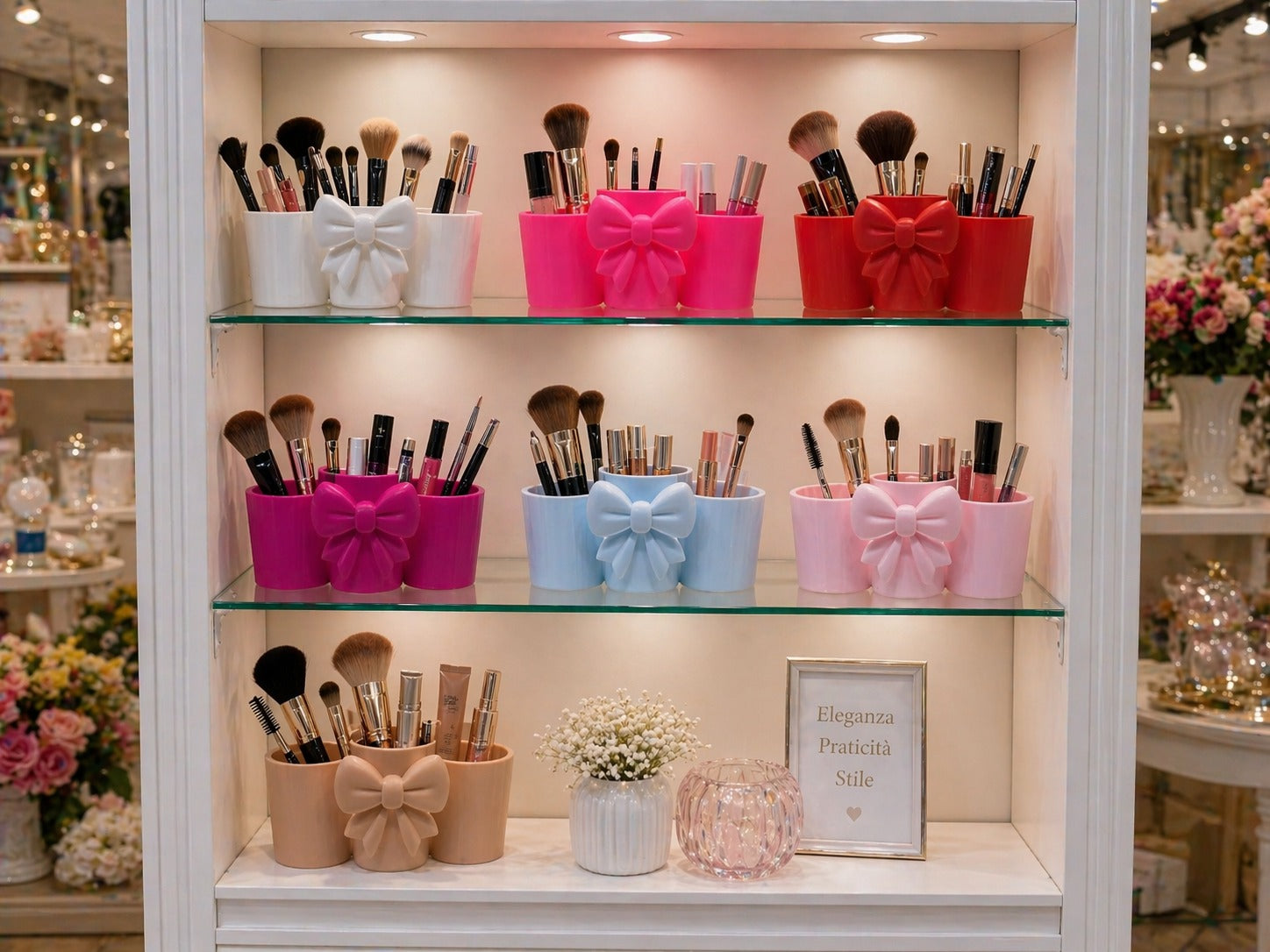Glamora – Porta Pennelli Beauty Deluxe con Fiocco | Organizer Trucco 3 Scomparti Elegante da Tavolo